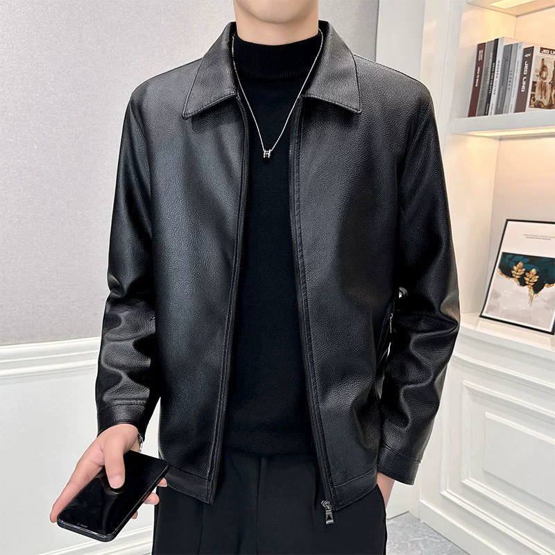 Мужская кожаная куртка из искусственной кожи, новинка осени-зимы 2023, с отложным воротником, тонкая, деловая, повседневная, из искусственной кожи (ПУ)