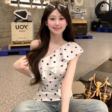 ins性感纯欲波点法式荷叶边斜肩无袖背心女夏季修身辣妹打底女T潮