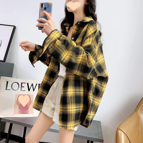 Women's Spring and Autumn New Design Grid Shirt, Unique Loose Long-Sleeve Retro Hong Kong Style Casual Blouse
