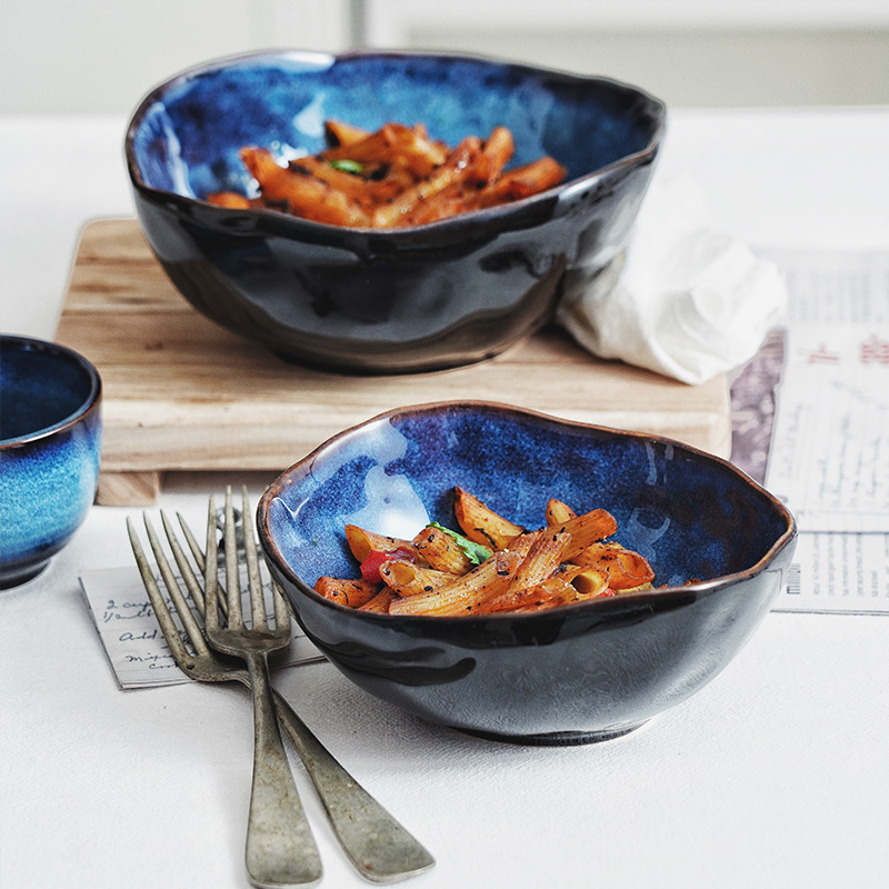 Tazón de cerámica azul irregular, cocido en horno, para uso transfronterizo, para fideos, ensalada, salsa, sopa, con acabado esmaltado