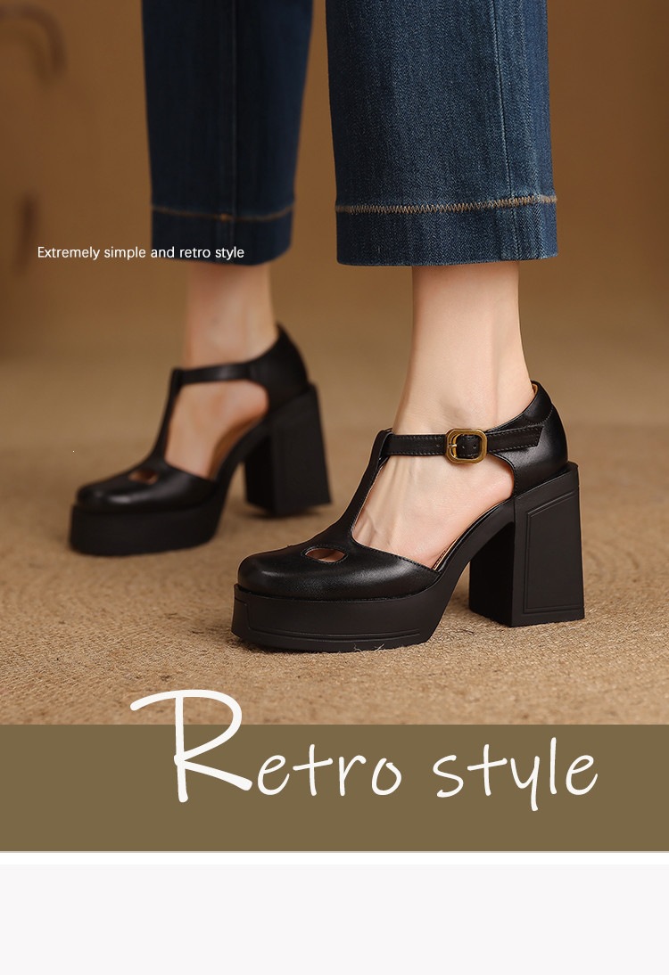 Sandal nữ đế xuồng platform gót vuông phong cách vintage khóa kim loại — màu nâu, màu đen chi tiết 1