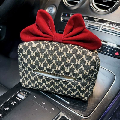 Houndstooth car tissue box hanging sun visor tissue box car car seat hanging paper box multifunctional (Car tissue box/set) - yn-tissue-box-red-bow
