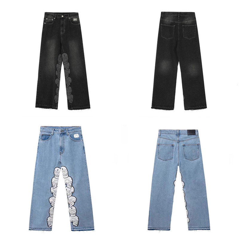 Cross-Border European and American Trendy Brand Revenge Skull Letter Embroidery Straight Jeans for Men and Women High Street Pants Cross-Border European and American Trendy Brand Revenge Skull Letter Embroidery Straight Jeans for Men and Women High Street Pants