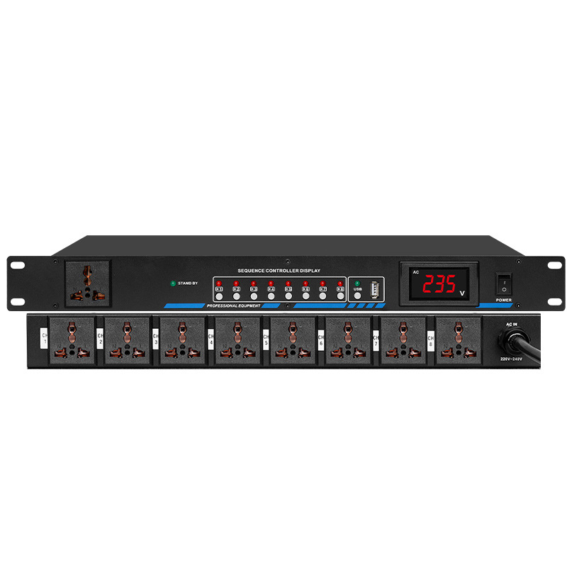 Computadora de control central con puerto serie RS232 controla el controlador de secuencia de encendido de 10 vías y el interruptor de equipo de audio del amplificador de 9 vías