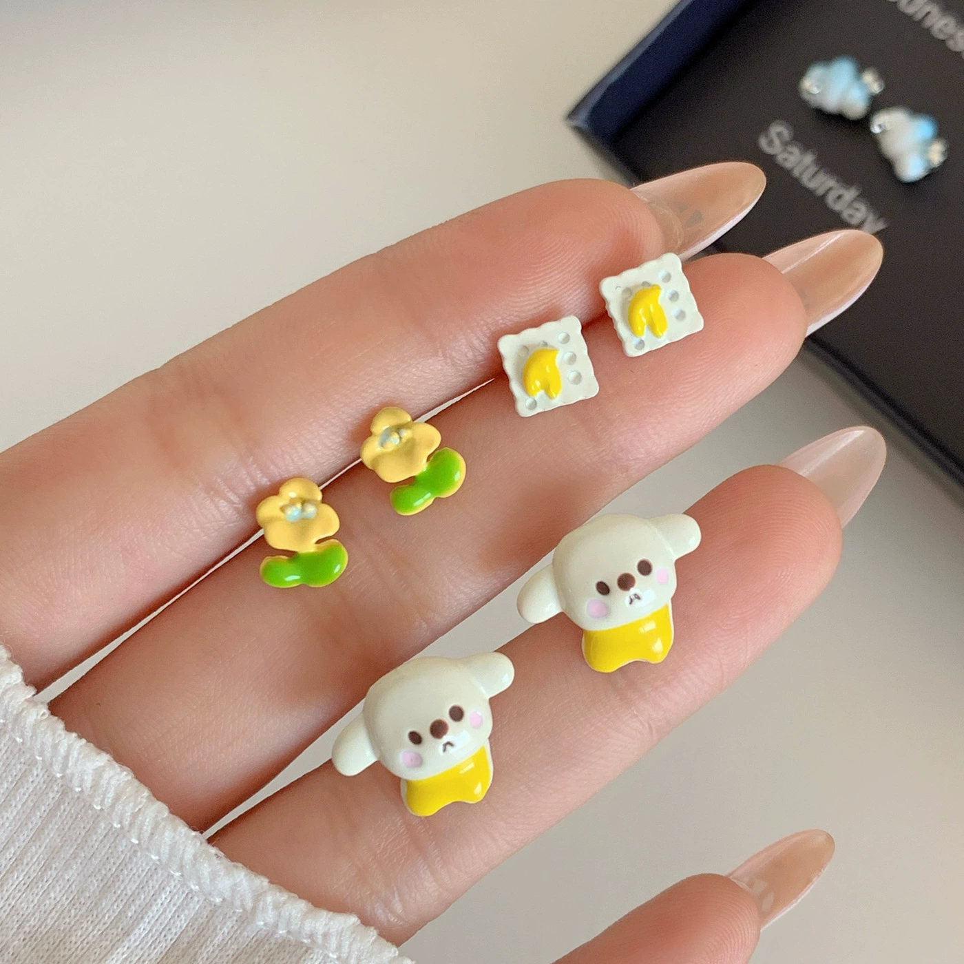 Earrings gift box, custom summer set, cartoon silver‑needle studs for elementary students