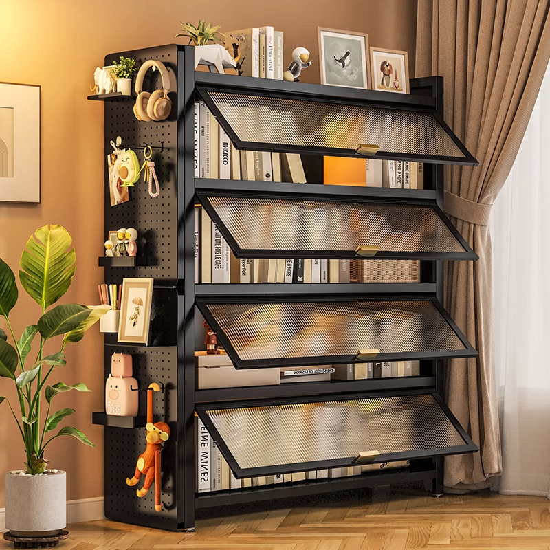Household Steel Bookshelf Multi-Layer Floor-To-Ceiling Storage Cabinet with Door Children's Dust-Proof Bookcase Living Room Bedroom Wall Storage Rack