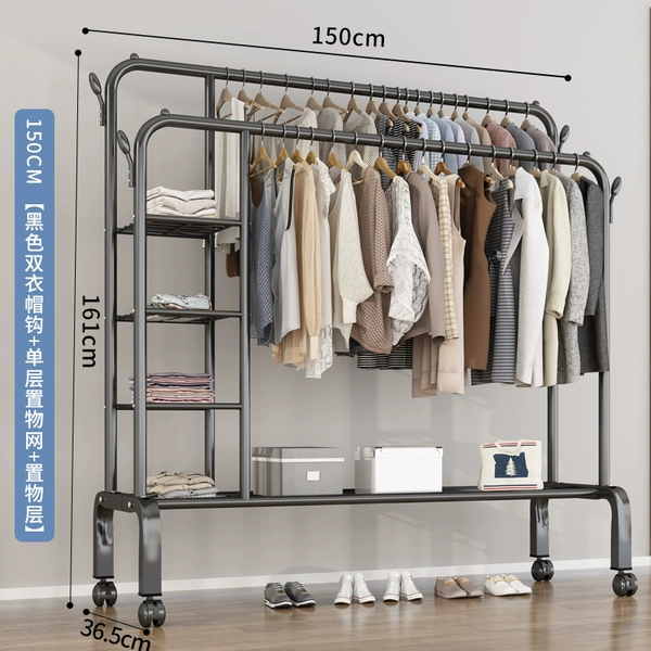 ★☆150cm [Black Double Rod] Three-layer storage net on the side + four hooks + universal wheels? Exclusive★☆