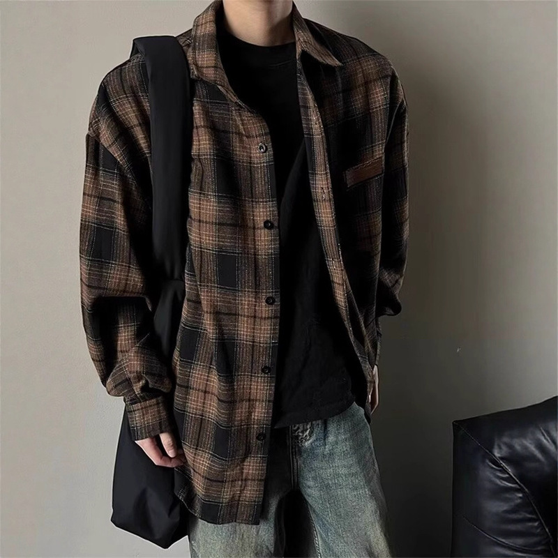 Retro Plaid Shirt Men's High Street Vibe Loose and Versatile Lapel Long-Sleeved Shirt American Casual Handsome Top Retro Plaid Shirt Men's High Street Vibe Loose and Versatile Lapel Long-Sleeved Shirt American Casual Handsome Top