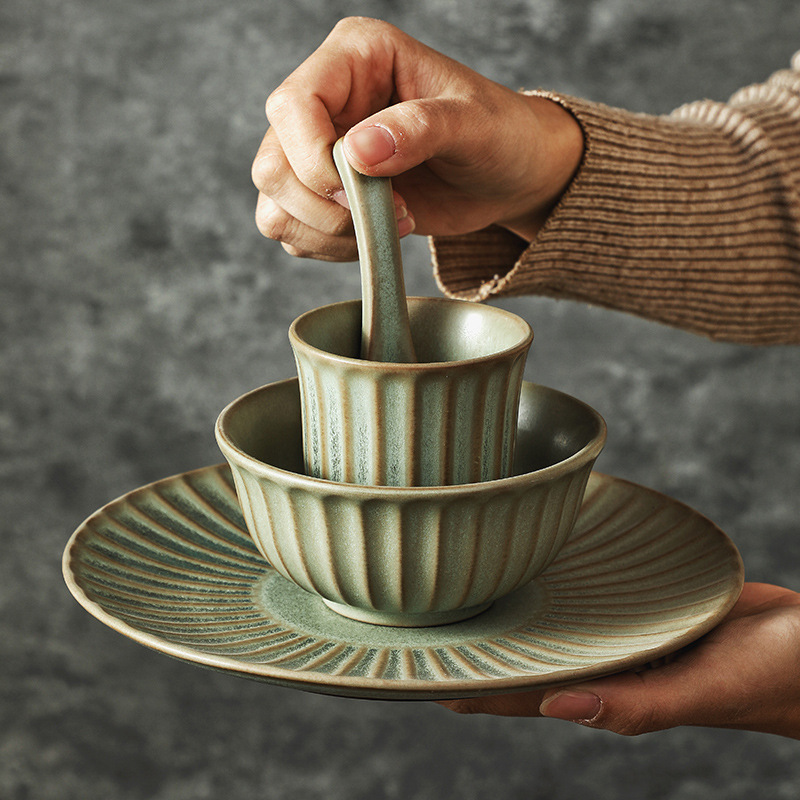 light green Kiln Series Japanese Style Vintage Table Tableware Dining Bowl Spoon Plate suit Simple Ceramic Tableware