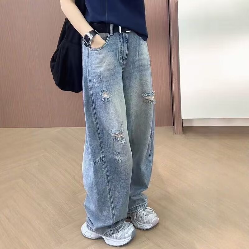 2026 Summer Thin Ripped Jeans for Women Plus Size, Flattering for Pear-Shaped Body, Slim-Fit Straight-Leg Pants Trendy 2026 Summer Thin Ripped Jeans for Women Plus Size, Flattering for Pear-Shaped Body, Slim-Fit Straight-Leg Pants Trendy