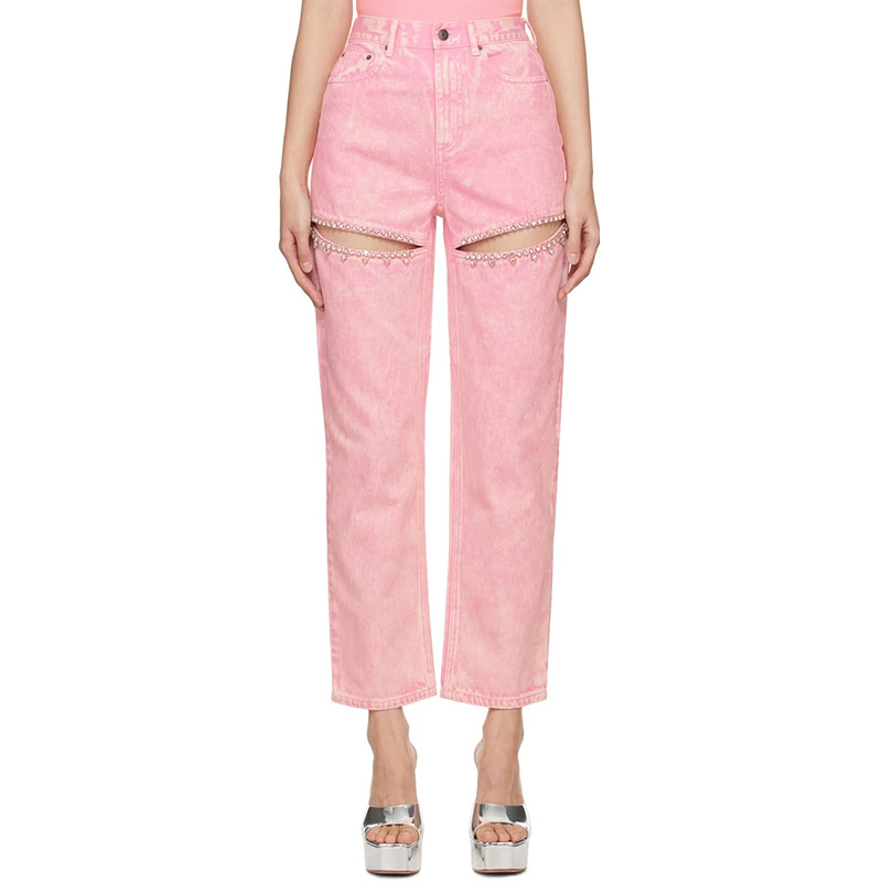 Vaqueros de nicho europeos y americanos, nueva colección primavera 2026, estilo largo de cintura alta con diseño hueco de pedrería, pantalones anchos de color liso para mujer.
