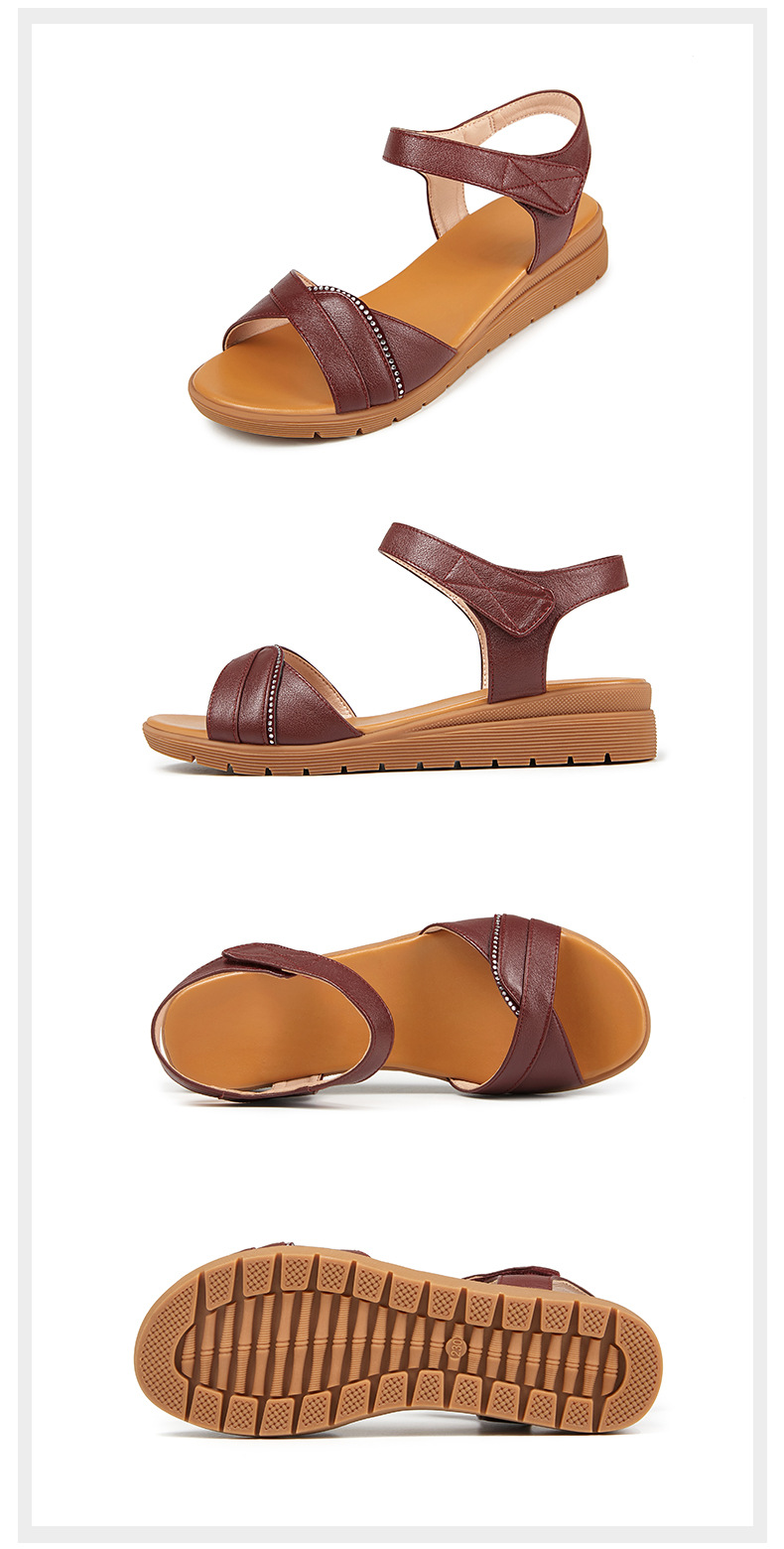 Dép sandal nữ đế bệt mềm, quai da, thoải mái cho người trung niên và cao tuổi — Đỏ rượu chi tiết 34