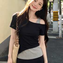 甜酷风斜肩假两件短袖t恤女2026新款夏季大码显瘦遮肚子胖mm上衣