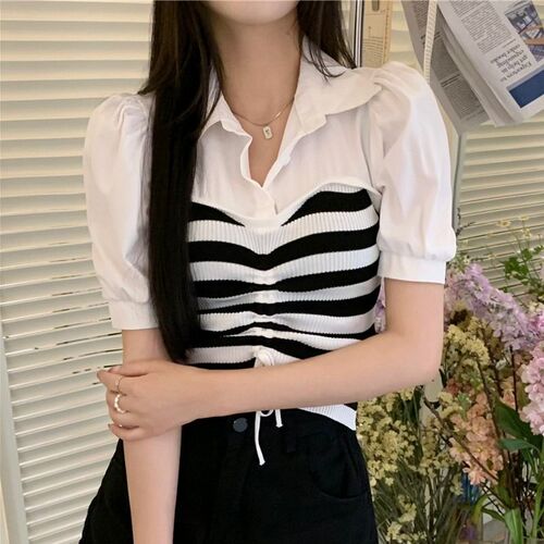 Temperament French shirt Striped knitted short-sleeved shirt for women's summer design niche drawstring bubble sleeve short top