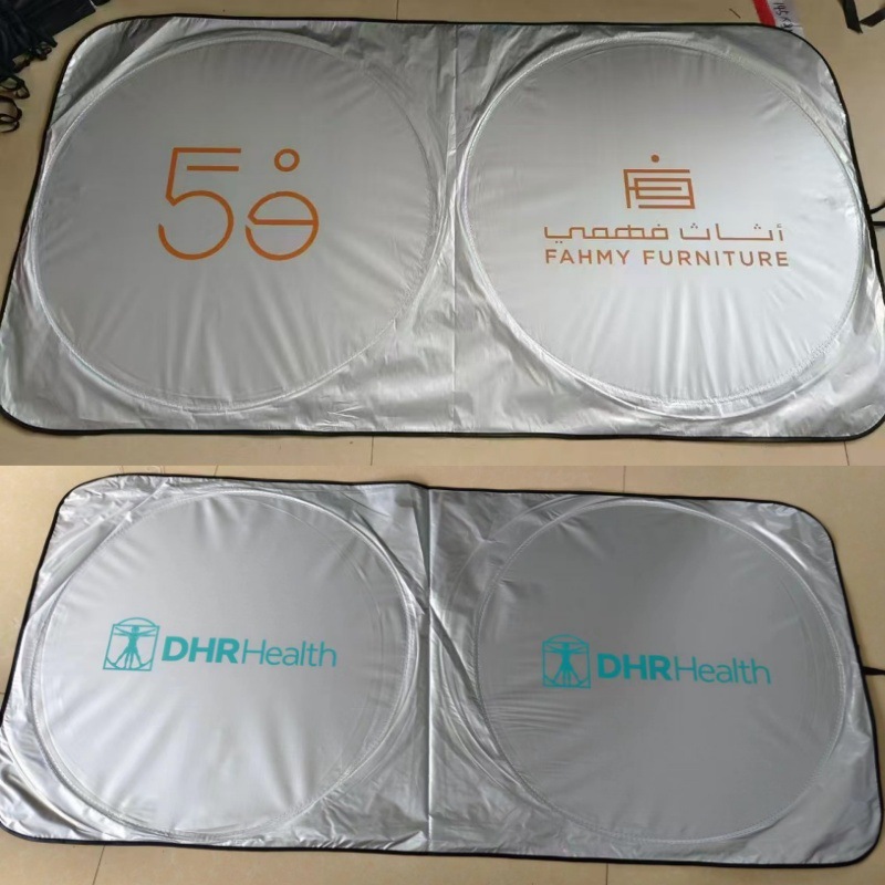 Universal heat insulation sun shield coated silver cloth car double ring sun visor printed LOGO car sun shield
