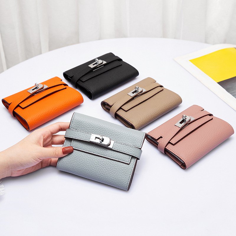 Women's Fashion Genuine Leather Small Wallet Women's Kelly Big Card Bag Cowhide Short Bag Clutch Coin Purse for Girls
