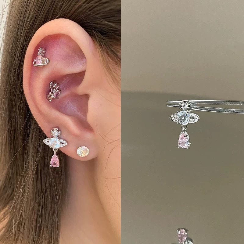 ピンク耳骨ネイルコレクション、ジルコン耳ネイル、医療用チタン鋼蝸牛ネイル、耳ピアス、耳骨ネイル、イヤリング、平底スパイラル|undefined