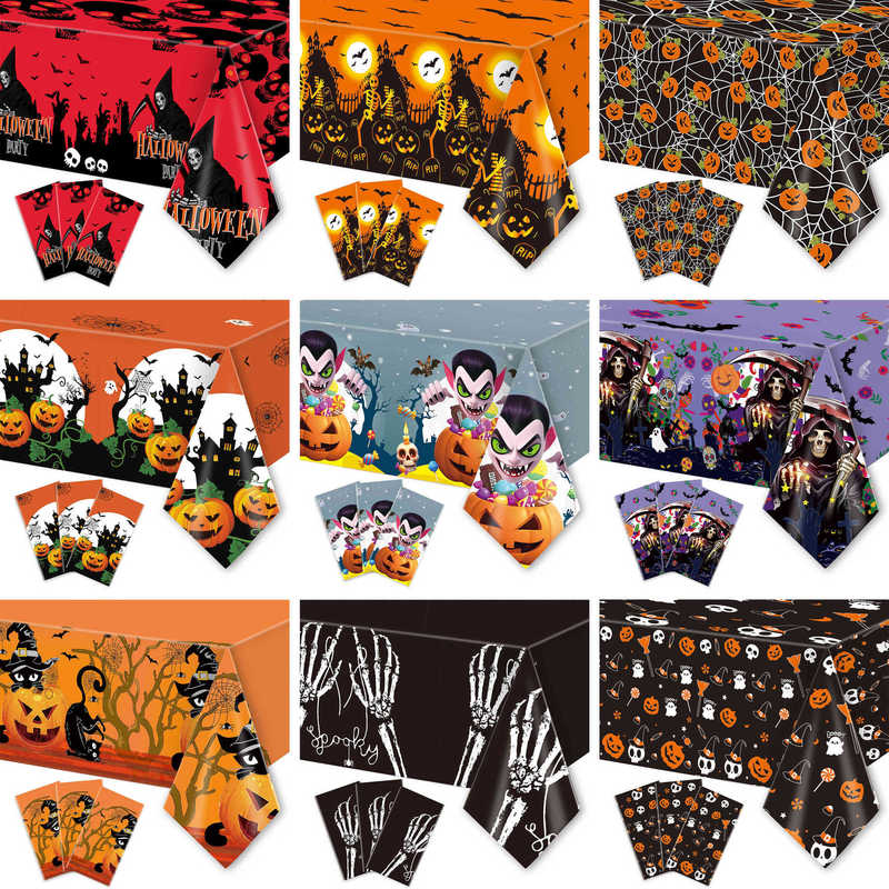 New Halloween Disposable Aluminum Foil Tablecloth with Horror Cartoon Print, Waterproof Tablecloth for Holiday Party Table Decoration