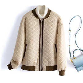 轻薄短款棒球服格纹棉服女2024年秋季新款圆领拉链款长袖棉服9847