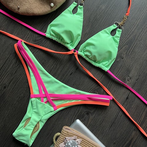  cross-border new bikini chain sexy backless split swimsuit nylon stitching color bikini