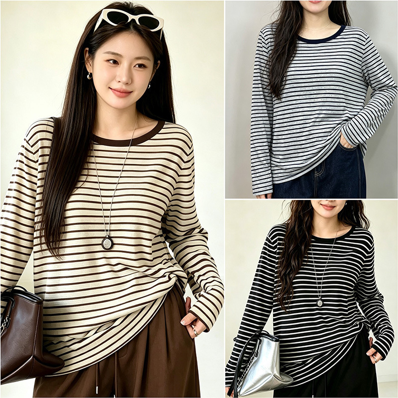 Women's Lyocell T-shirt Plus Size 100kg Striped Slimming Outerwear Base Layer Versatile Top for Curvy Women 3766 Women's Lyocell T-shirt Plus Size 100kg Striped Slimming Outerwear Base Layer Versatile Top for Curvy Women 3766