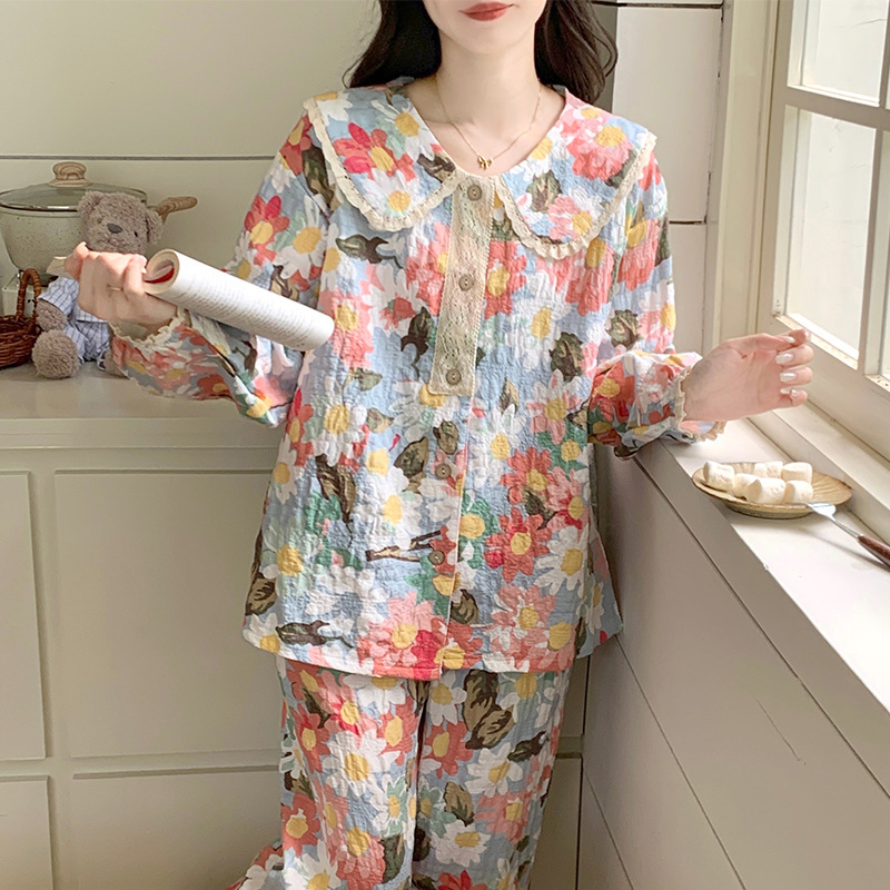 Cloud Cotton Pajamas for Women in Spring and Autum Thin Style with Breast Pads, Doll Collar, Long Sleeves, Pastoral Style Home Clothes Set That Can Be Worn Outside