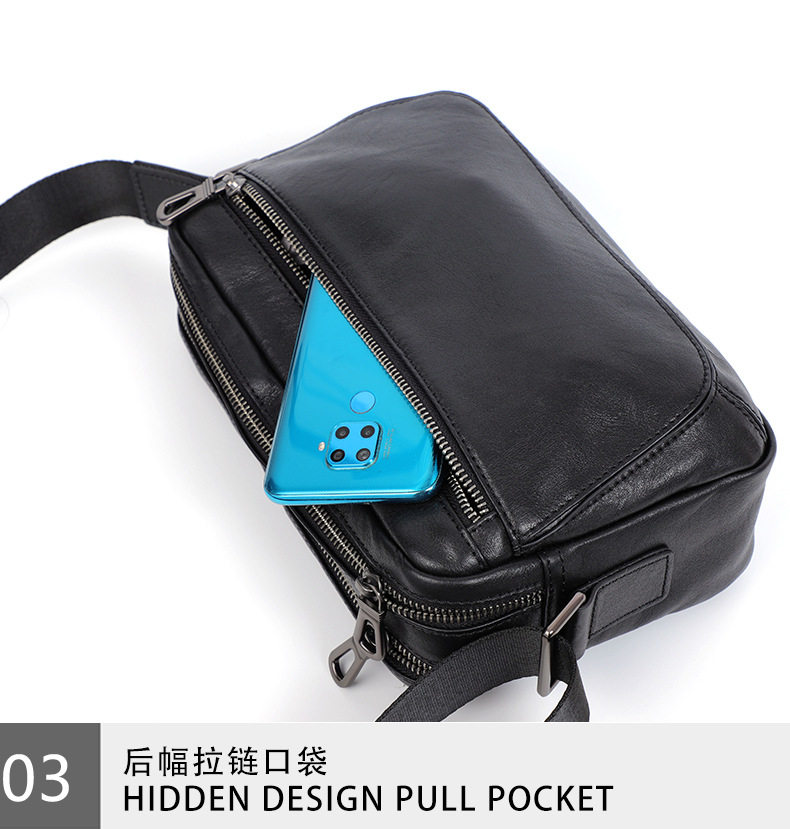 Túi đeo chéo nam da bò lớp đầu, túi đeo vai nhỏ đựng máy tính bảng 8 inch — Màu đen chi tiết 15