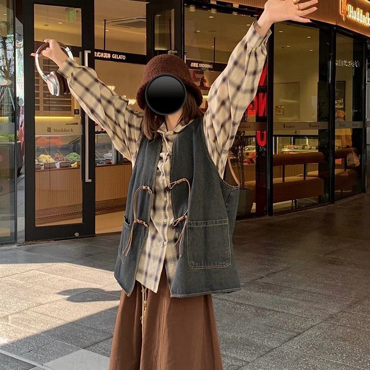 法式复古设计感小众牛仔坎肩女学生早秋款外穿衬衫新款三件套装|undefined