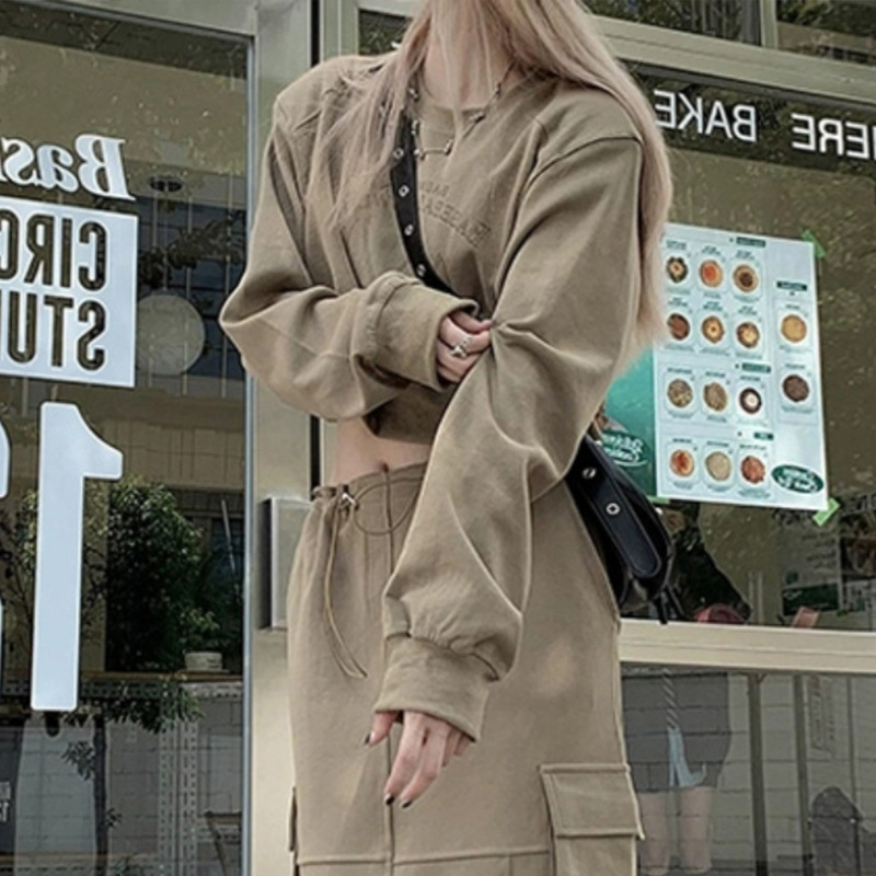 美式复古套装女长袖印花卫衣上衣2025年春秋季工装半身裙两件套潮|undefined