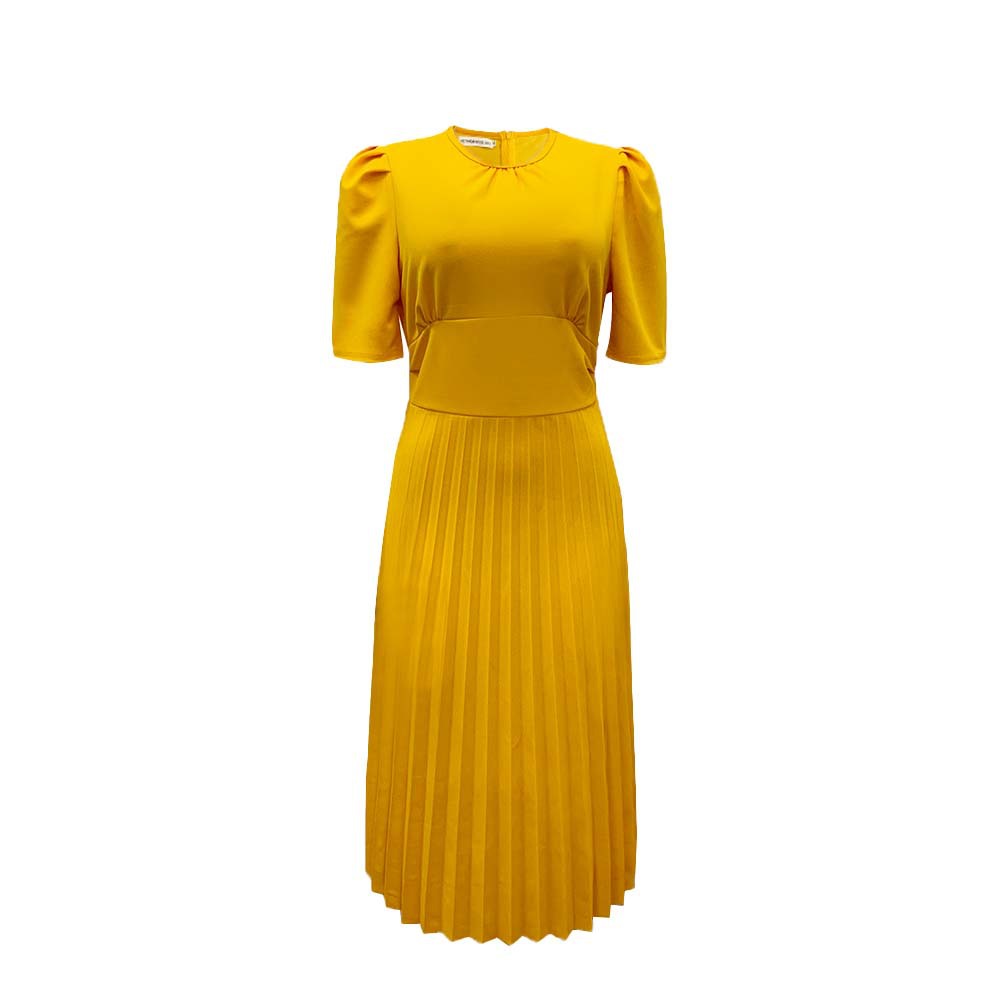 summer new short-sleeved pleated solid color foreign trade European and American large size cross-border dress_senzul.com