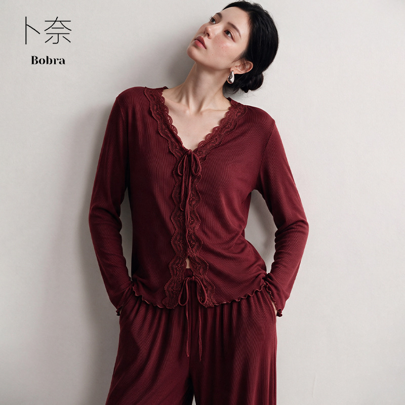 Women's spring and autumn pajamas in New Year red, suitable for the zodiac year, with a festive atmosphere, sexy lace, slimming, pure and desirable style, home wear for women Women's spring and autumn pajamas in New Year red, suitable for the zodiac year, with a festive atmosphere, sexy lace, slimming, pure and desirable style, home wear for women
