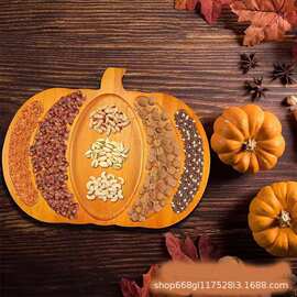 跨境万圣节木质南瓜造型托盘待客零食糖果盘多功能分格辅食餐盘