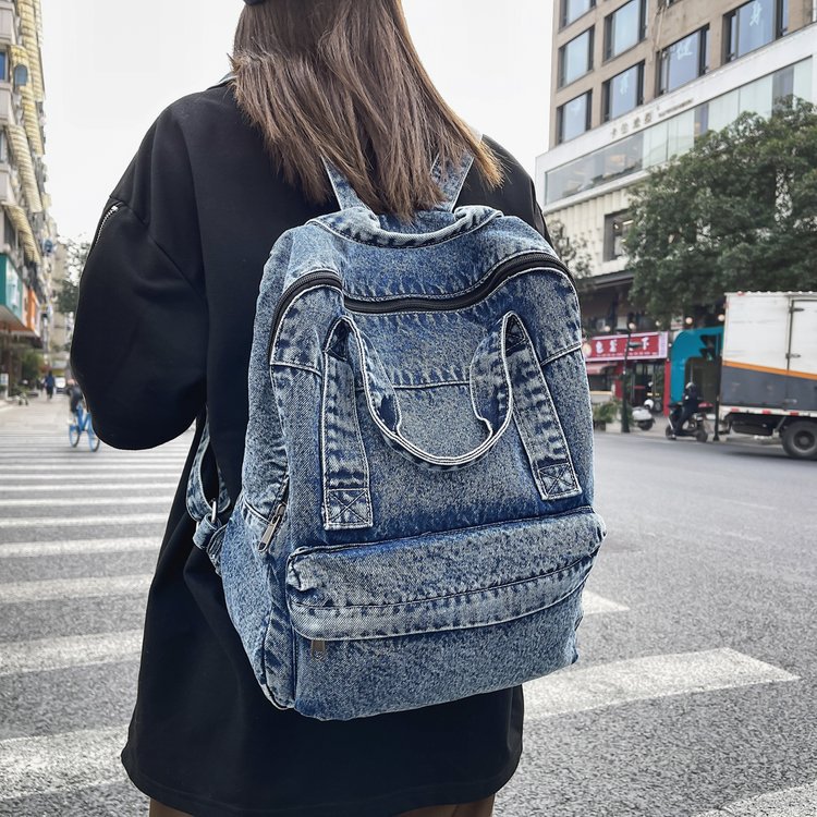2024 New College Student Backpack Large Capacity Cross-border Strong Wear-resistant Lightweight Travel Denim Bag