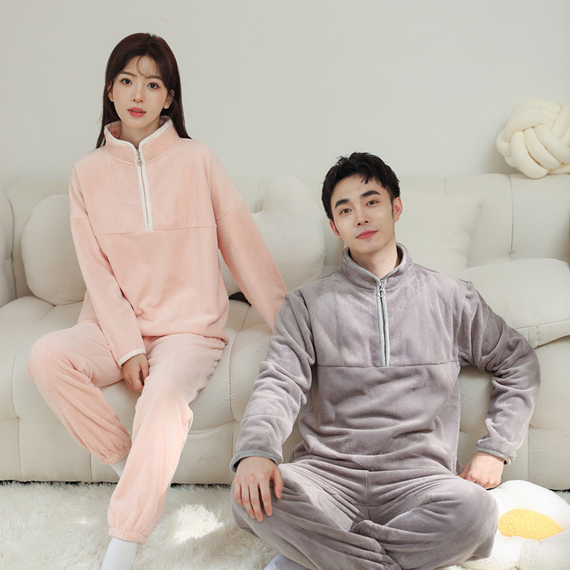 커플 플란넬 홈웨어 여성 가을, 겨울 옷깃 가디건 남성 잠옷 산호 벨벳 두꺼운 양복 제조 업체 준비 재고