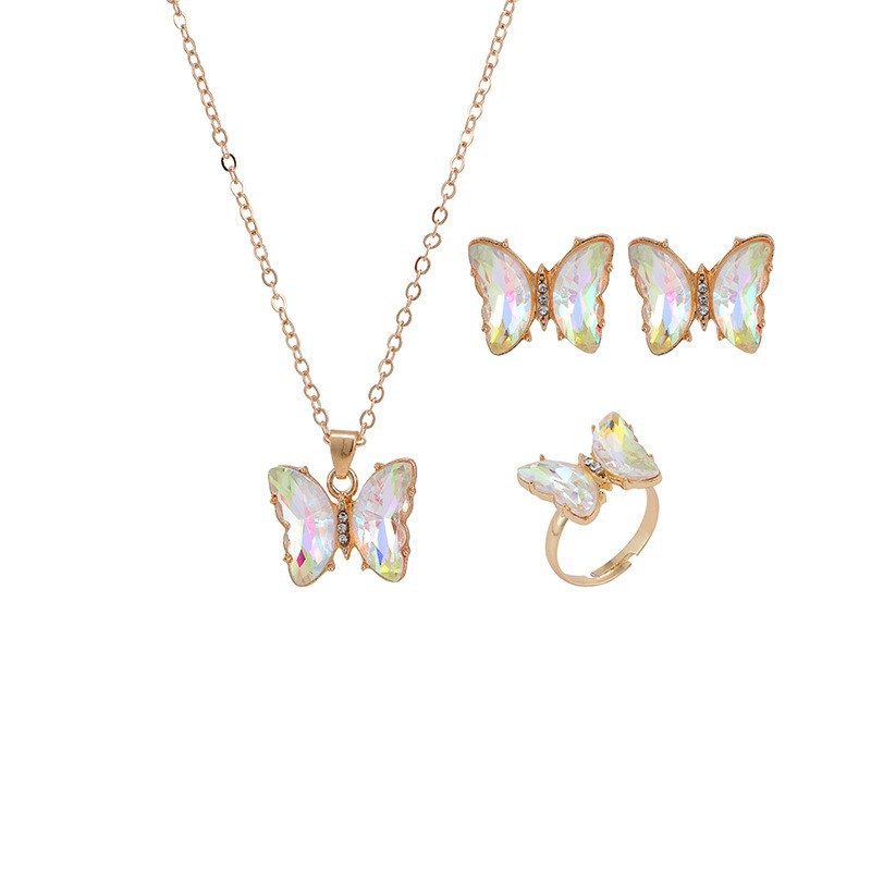 Ventas transfronterizas calientes coloridas 3 piezas de aretes collar anillo de moda europea y americana mariposa elegante collar de diamantes para mujeres image 5