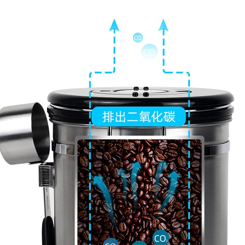Recipiente sellado para granos de café con válvula de ventilación unidireccional, contenedor de almacenamiento con cuchara, a prueba de fugas, a prueba de humedad y que conserva la frescura.