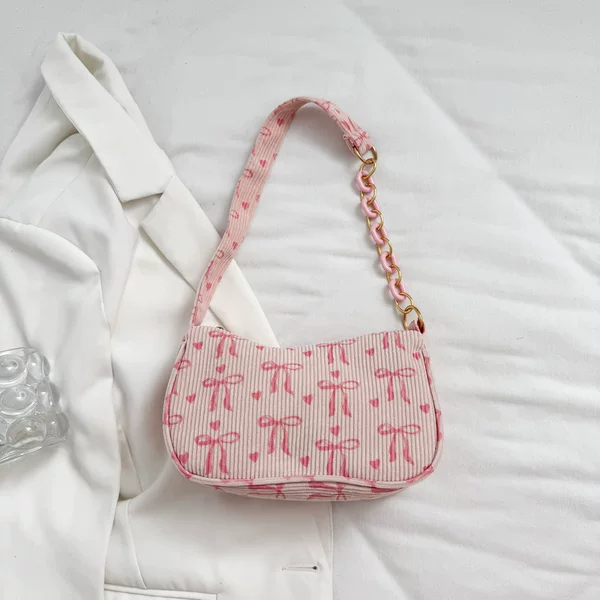 2026 New Korean Style Fresh and Simple Corduroy Underarm Bag with Bow and Heart Design, Fashionable Chain Shoulder Bag for Women