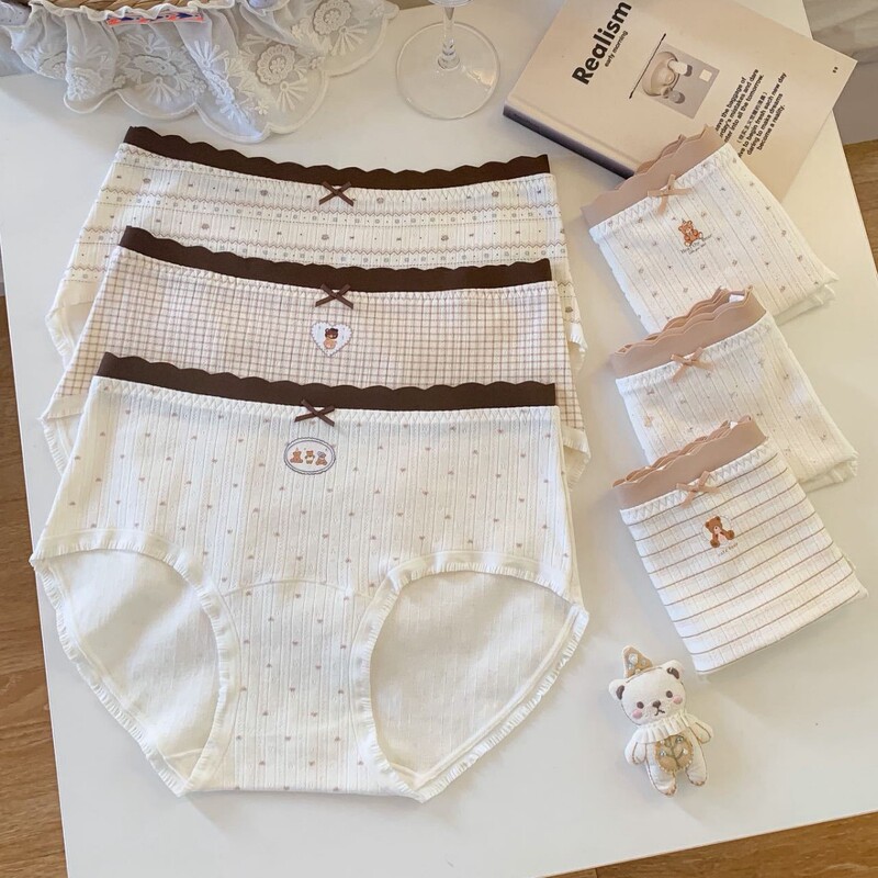 A410 women's underwear, 10A, pure cotton, antibacterial, with wavy lace and bow detail, mid-waist, cotton triangle briefs