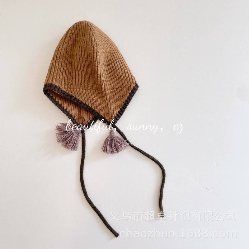 INS风小众设计师同款流苏小辫子撞色边品质款毛线帽儿童护耳帽|undefined