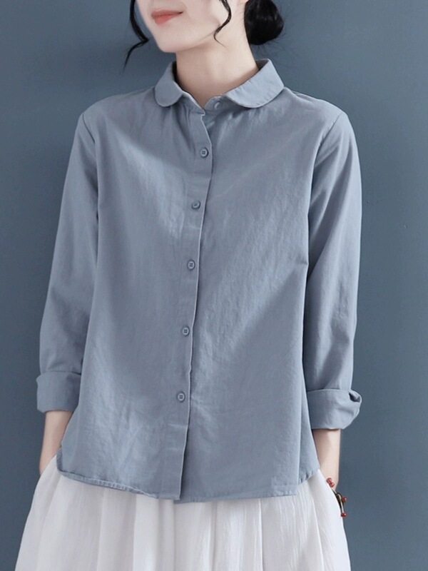 Spring Travel French Loose Solid Color Cotton and Linen Shirt for Women, New Versatile Long-Sleeve Loose Shirt for Spring and Autumn