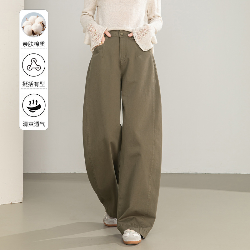 Xingge Simple Commuter Olive Green Straight-Leg Pants with Soft Cotton Feel, High Waist, Hip-Covering, Slimming, Curved Wide-Leg Casual Long Pants Xingge Simple Commuter Olive Green Straight-Leg Pants with Soft Cotton Feel, High Waist, Hip-Covering, Slimming, Curved Wide-Leg Casual Long Pants