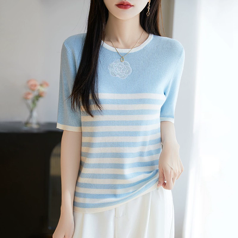 Woolen knitted sweater, summer short sleeve T-shirt, round collar, 25 years, flowered