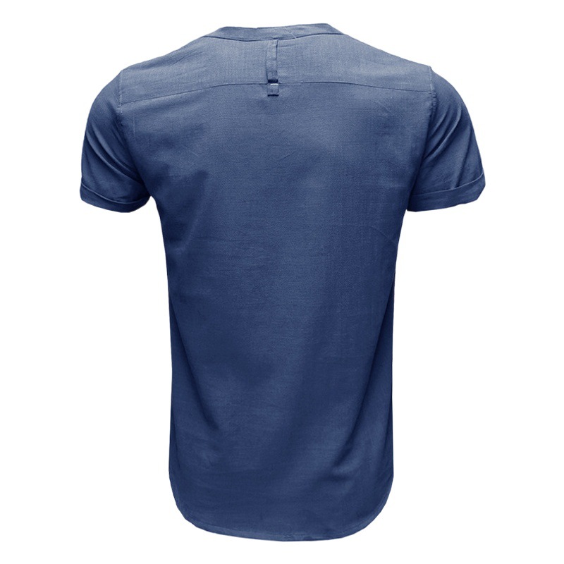 Ropa de hombre transfronteriza de comercio exterior Camisa de manga corta de bolsillo de color sólido con cuello Henry Amazon Camisa de algodón y lino de hombres europeos y americanos al por mayor