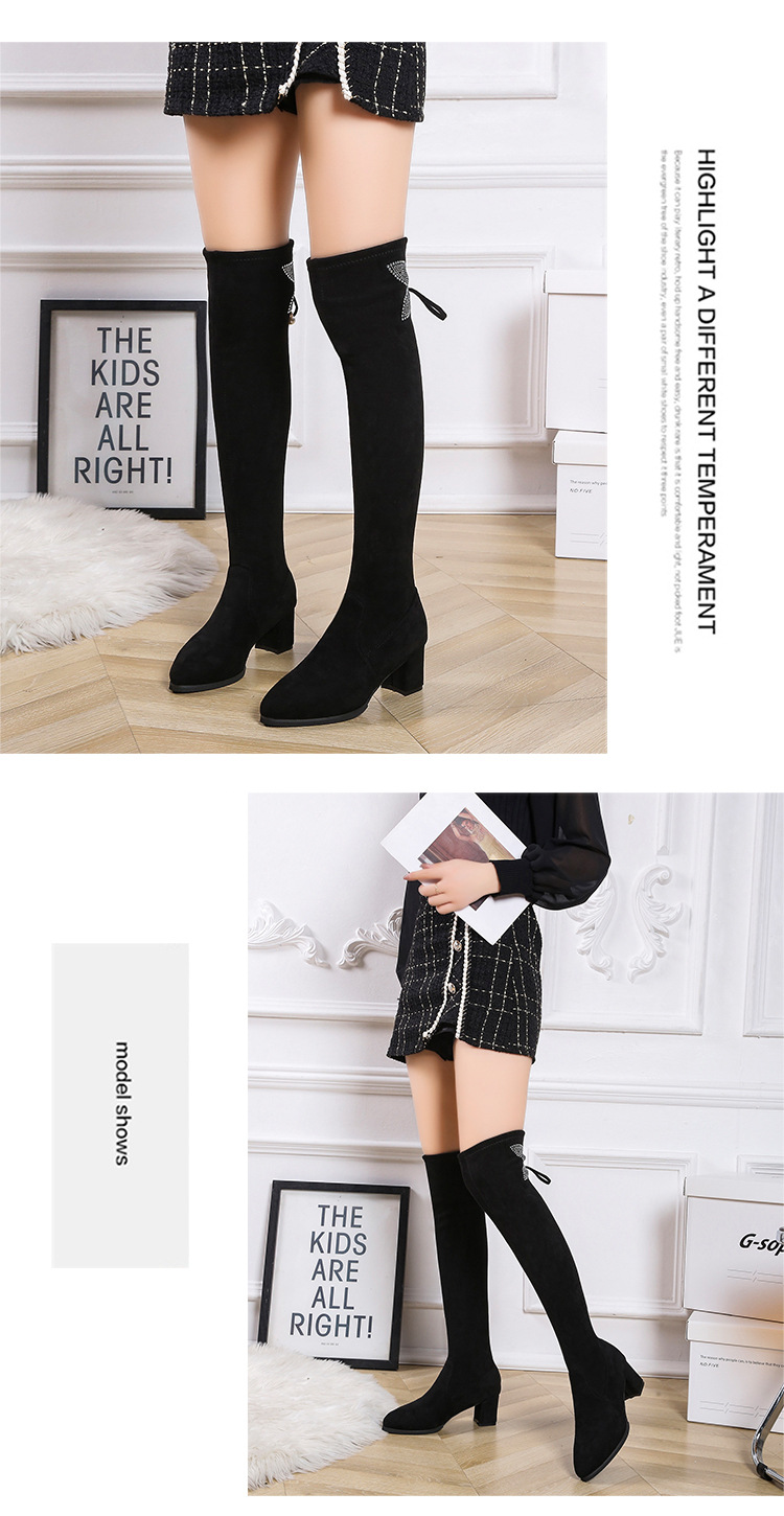 Autumn and winter new chunky heel rhinester bow thigh-high boots slim plus size elastic boots_voghion.com