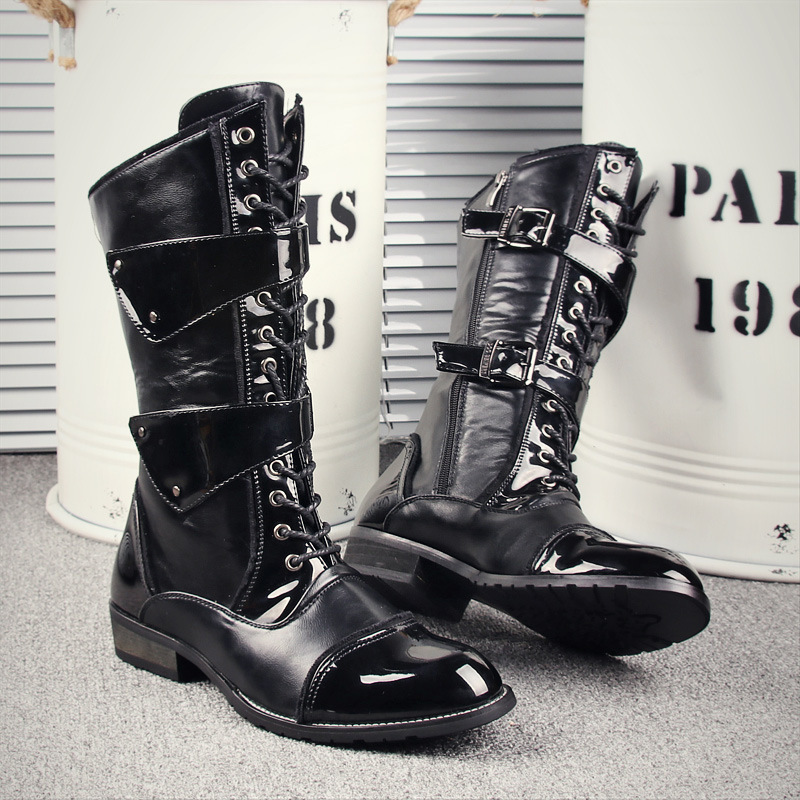 Foreign trade high boots men's Korean-style trendy leather boots personality fashion British lace-up pointed denim boots long Martin boots Foreign trade high boots men's Korean-style trendy leather boots personality fashion British lace-up pointed denim boots long Martin boots