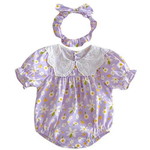 24 Summer Baby Clothes Girls' Turn-down Collar Climbing Suit Potty Pants Girls' Purple Princess Short-sleeved Dress Sister Set