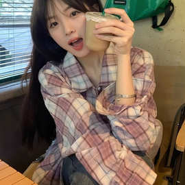 港风衬衣新款女装设计感小众上衣复古防晒紫色格子衬衫外套女夏季