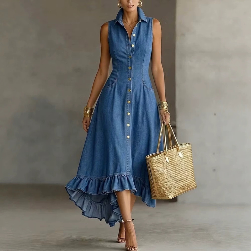 2026 European and American Cross-Border Women's Clothing Amazon Hot-Selling Spring and Summer Sleeveless Mid-Length Ruffled Washed Denim Dress