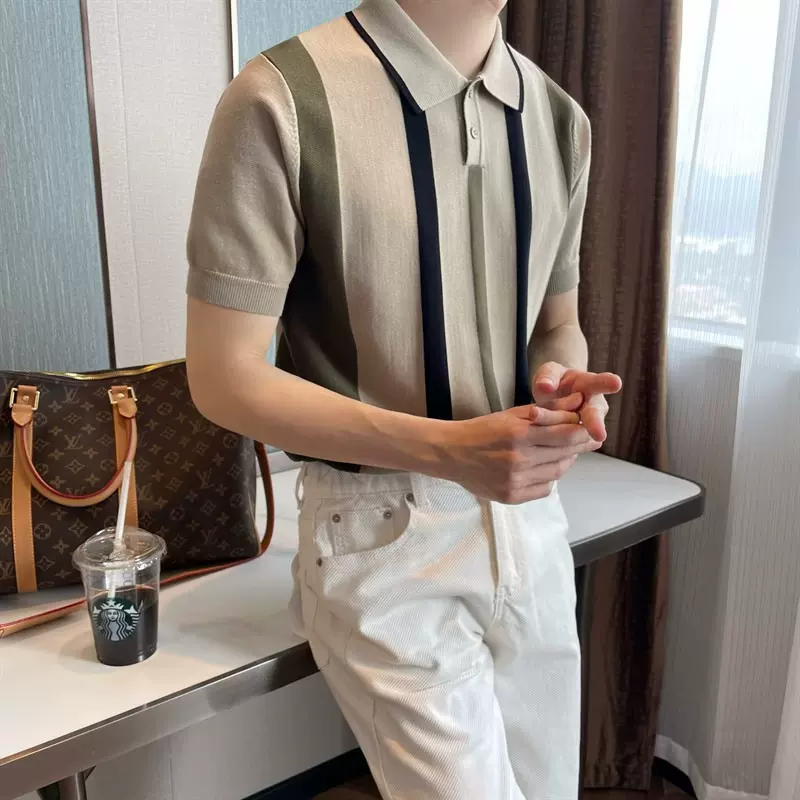 polo衫男士夏季轻薄修身翻领针织短袖t恤英伦复古拼色条纹保罗衫