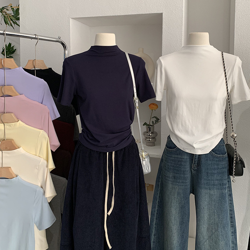 Omalai Half Turtleneck Modal Soft Pure Color Short-Sleeved Slim Fit Inner Layering Shirt T-Shirt Top 5865